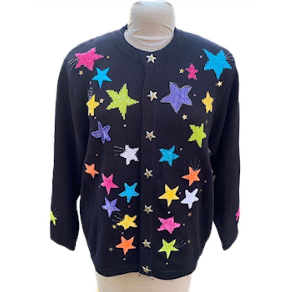 Jack B. Quick Cardigan Multi-Color Stars w/Star Buttons Size L Vintage Whimsy
